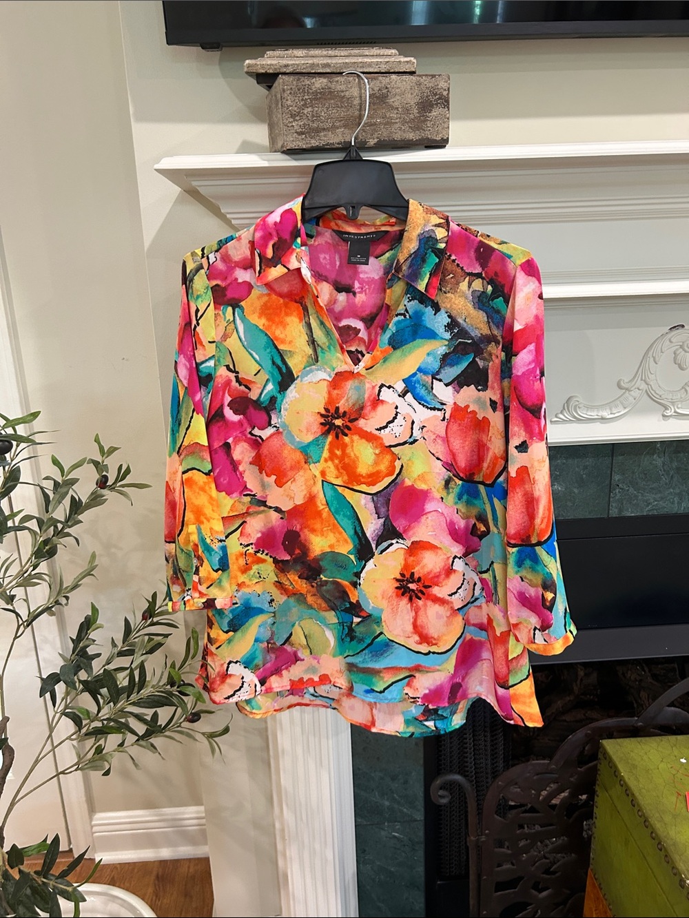 Investments Multicolor Floral V-Neck Blouse - Pink, Orange, Blue, Green